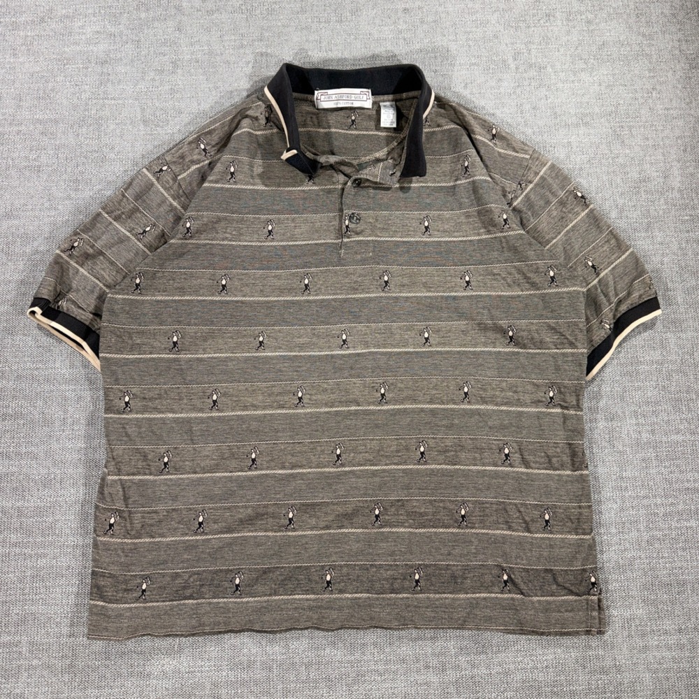 John Ashford Golf Polo Shirt Mens XL Brown Striped Embroidered Golfer Cotton